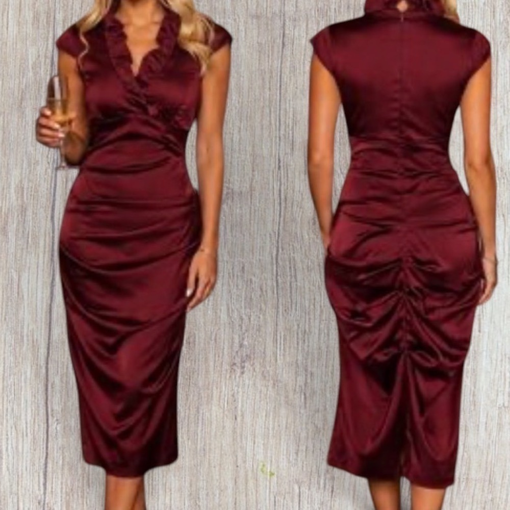 Xscape Petite Joanna Chen Burgundy Iridescent Ruched Ruffle Cocktail Dress 12P